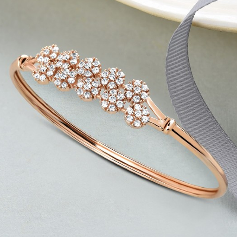 White Rose Gold-Plated Cubic Zirconia Flowers Kada Bracelet